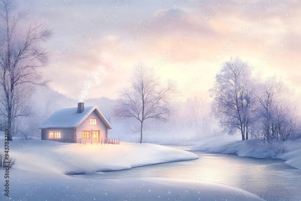 A peaceful riverside cabin with a softly glowing fireplace, surrounded by snow-covered trees, watercolor effects enhance the serene landscape, winter scenery, fireplace view A peaceful riverside cabin with a softly glowing fireplace, surrounded by snow-covered trees, watercolor effects enhance the serene landscape, winter scenery, fireplace view