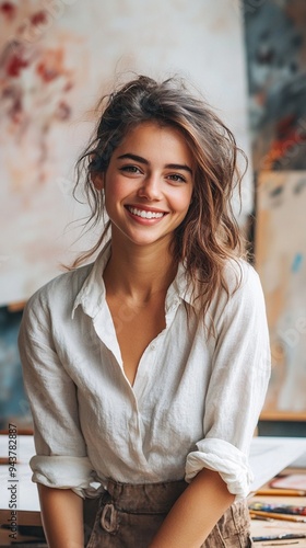 Radiant smile illuminates a cozy studio, as a young woman with tousled hair and a crisp white shirt exudes warmth and creativity against a backdrop of colorful artwork.