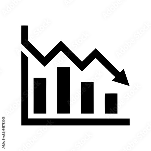 Black and white graph icon depicting a downward trend with falling bars and a descending line arrow