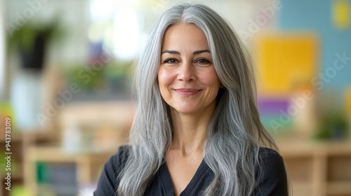 Confident mature woman with striking silver hair smiles warmly at camera, exuding positivity and wisdom in a colorful, vibrant office or classroom setting.