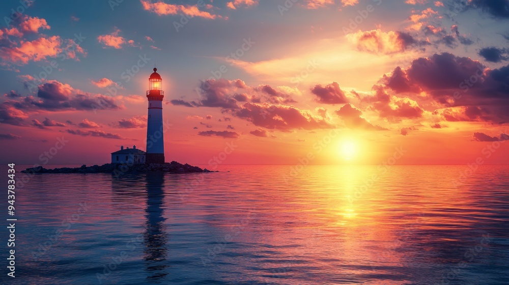 Lighthouse standing on a rocky island during a colorful sunset Lighthouse standing on a rocky island during a colorful sunset
