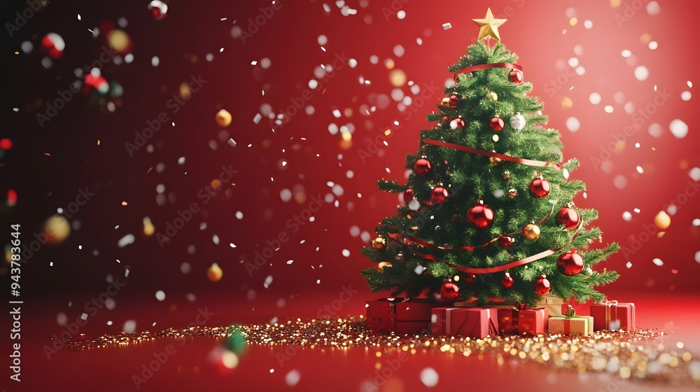 Isometric 3D rendering of a Christmas tree with flowing tinsel and ornaments in a holiday scene Isometric 3D rendering of a Christmas tree with flowing tinsel and ornaments in a holiday scene