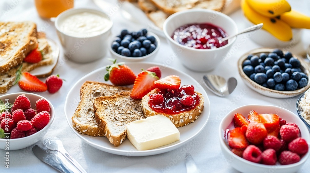 Colorful and nutritious breakfast spread featuring whole grain toast, fresh berries, and assorted jams and spreads on a bright white table setting. Colorful and nutritious breakfast spread featuring whole grain toast, fresh berries, and assorted jams and spreads on a bright white table setting.