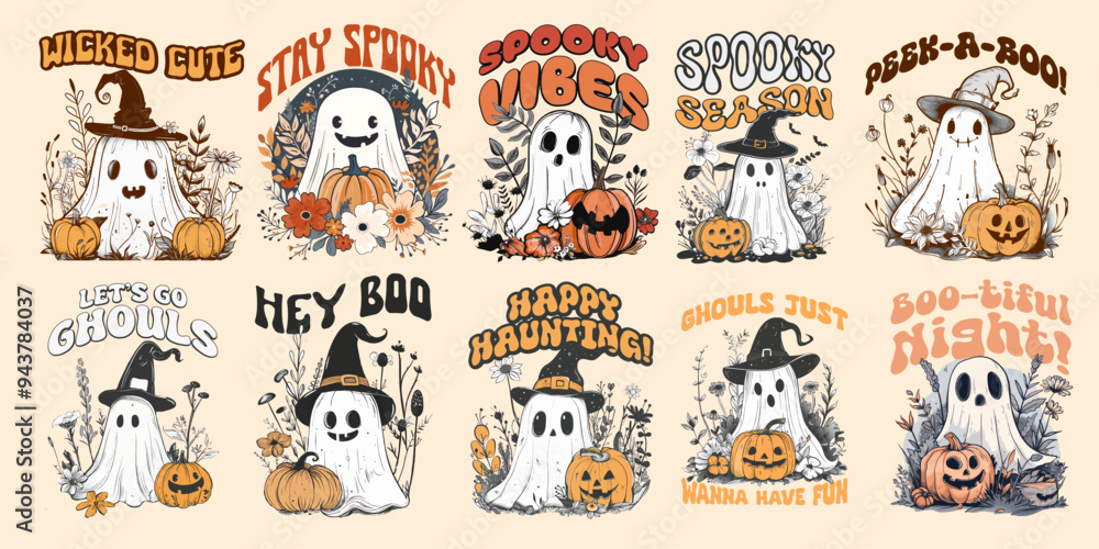 Fototapeta premium Cute ghost graphics set, halloween t shirt design bundle, Boo vector illustration, fall halloween designs collection