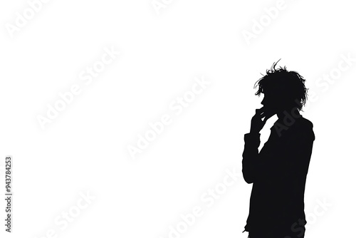 Minimalist Black Silhouette of Person Talking on Phone on White Background