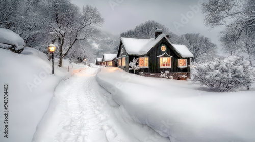 Wallpaper Mural Winter Wonderland A Charming Village Adorned with Christmas Decorations, Snow-Covered Houses, and a Glowing Tree Set Against a Majestic Mountain Backdrop Capturing the Magic of the Holiday Season Torontodigital.ca