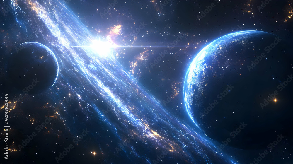 Obraz premium A vibrant blue planet with a glowing ring in a vast cosmic expanse.