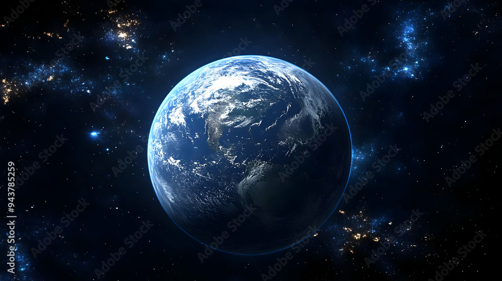 Obraz premium A vibrant blue planet with clouds and swirling galaxies in the background.