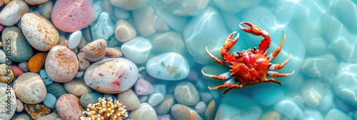 Vibrant red crab in clear blue water next to colorful pebbles, capturing serene marine life and coastal beauty. photo