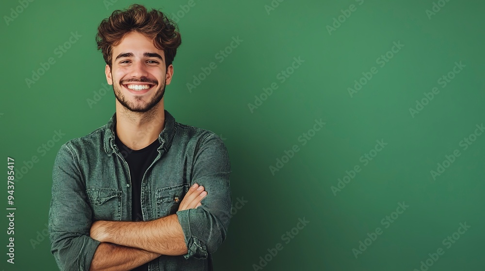 Fototapeta premium Portrait of a happy young man standing with arms crossed isolated over green background