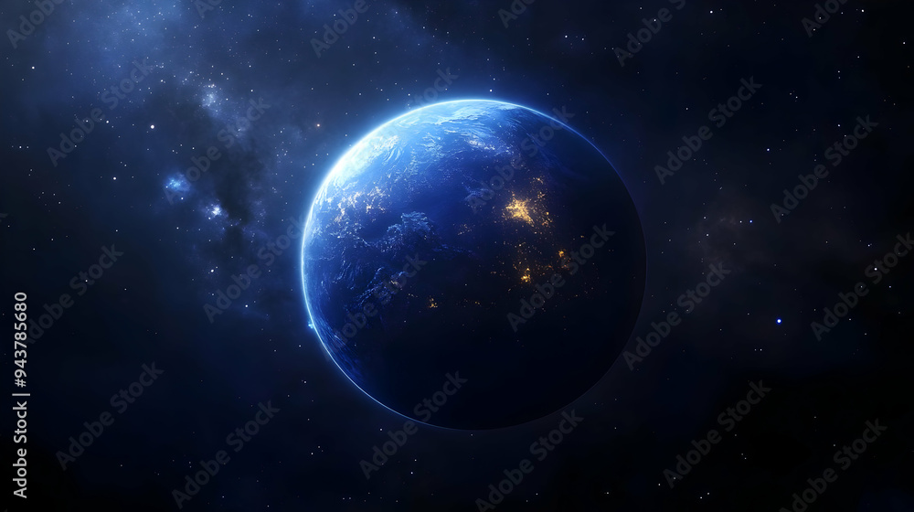 A vibrant blue planet with sparkling city lights, glowing in the vast darkness of space, surrounded by twinkling stars. A vibrant blue planet with sparkling city lights, glowing in the vast darkness of space, surrounded by twinkling stars.