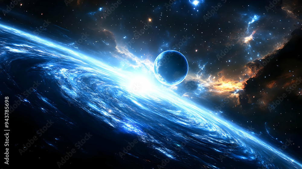Obraz premium A vibrant blue planet with swirling clouds and a bright star in the background, surrounded by a dark, starry expanse.