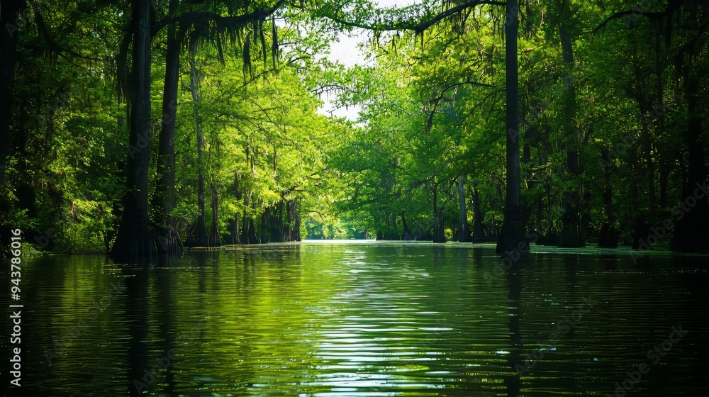 Fototapeta premium Peaceful and scenic river surrounded by lush green forest