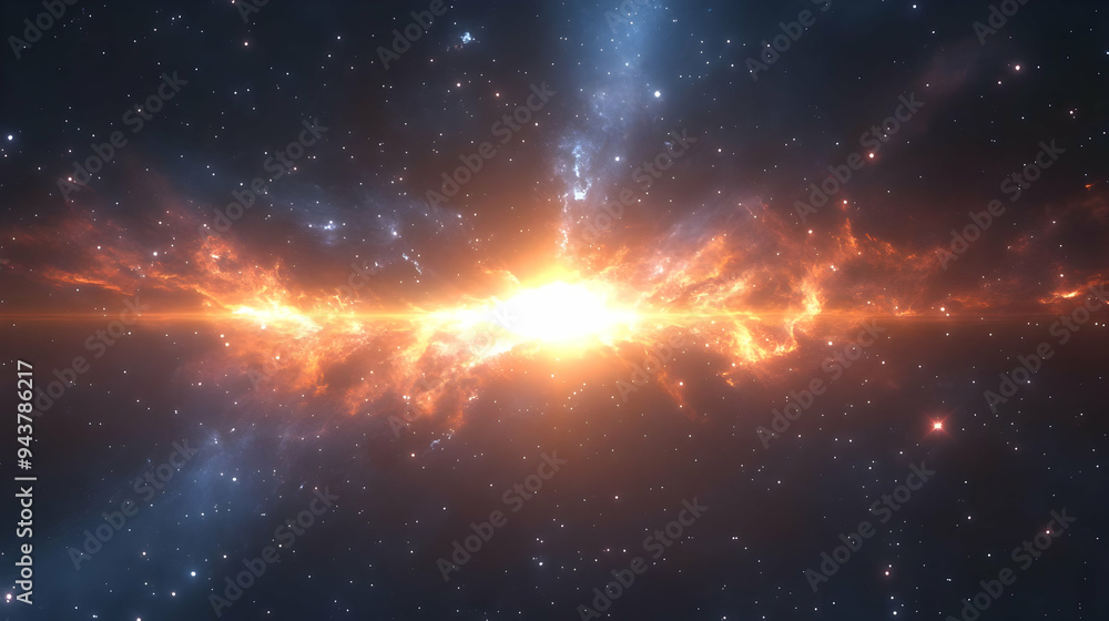 A vibrant burst of energy erupts in a star-filled galaxy, glowing with orange and white hues. A vibrant burst of energy erupts in a star-filled galaxy, glowing with orange and white hues.
