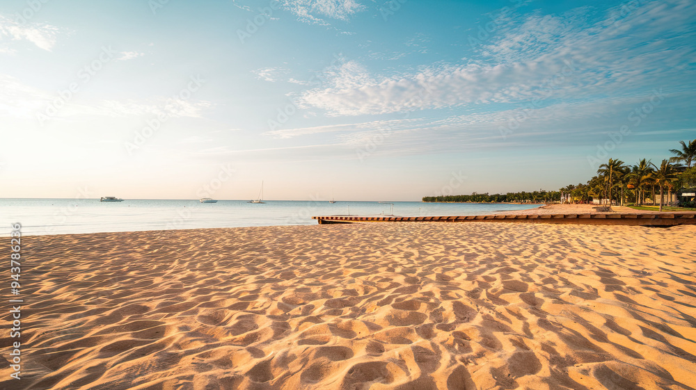 Summer beach scene with golden sand in the foreground and a serene sea in the background, showcasing a relaxed coastal atmosphere and clear blue waters Summer beach scene with golden sand in the foreground and a serene sea in the background, showcasing a relaxed coastal atmosphere and clear blue waters