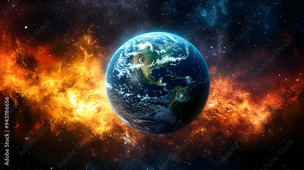 A vibrant Earth planet is displayed in space with a background of stars and flames. A vibrant Earth planet is displayed in space with a background of stars and flames.