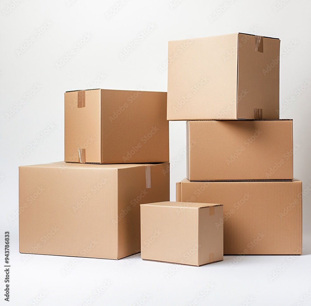 Boxes stacked in a random arrangement on a white background, ideal for shipping, storage, or moving purposes Boxes stacked in a random arrangement on a white background, ideal for shipping, storage, or moving purposes