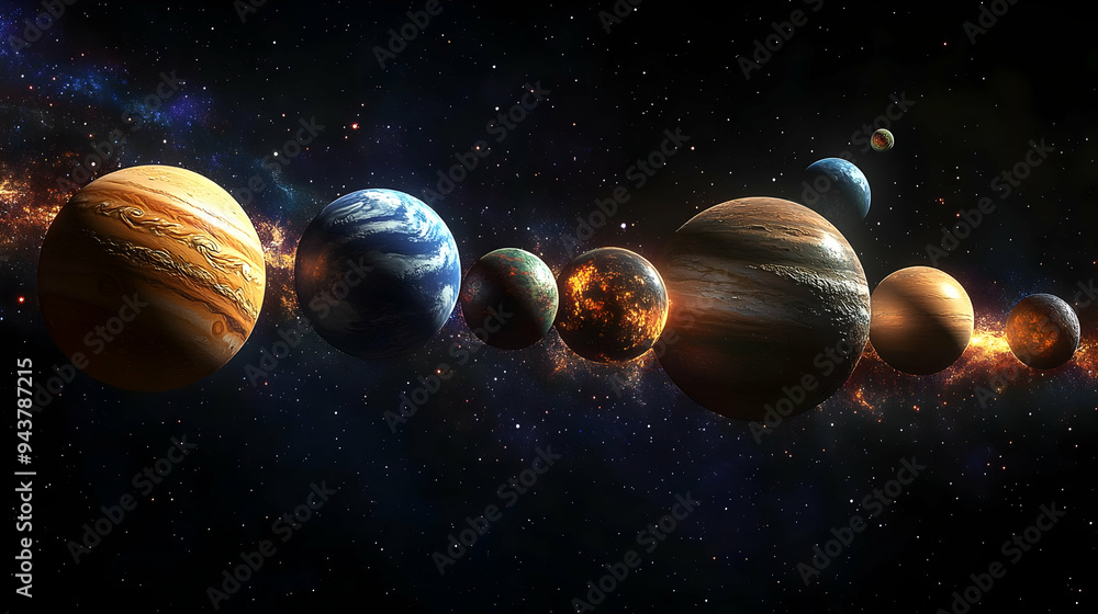 A vibrant lineup of planets in a vast, starry expanse, with a fiery glow radiating from the center. A vibrant lineup of planets in a vast, starry expanse, with a fiery glow radiating from the center.
