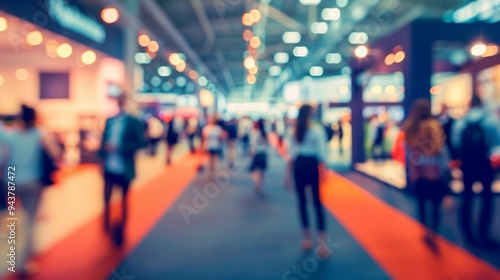 Blurred silhouettes of people walking through a vibrant trade show or exhibition hall, with colorful lights and booths creating a lively atmosphere.