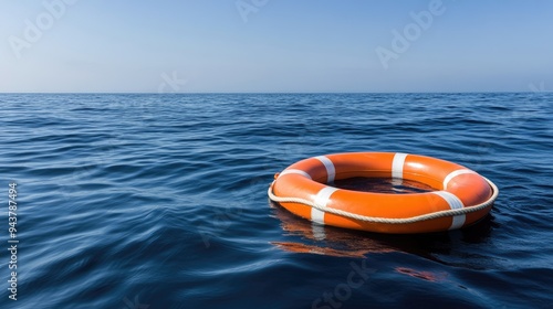 An orange life preserver drifts gently on the calm sea during a clear day, surrounded by a vast expanse of water and a bright blue sky filled with fluffy clouds photo