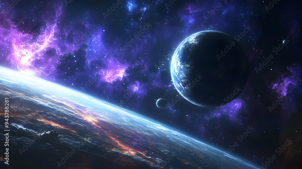 Obraz premium A vibrant nebula illuminates the sky above a distant planet.