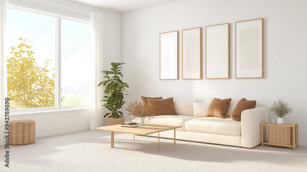 Fototapeta premium A bright living room with a cream sofa, brown pillows, and a wooden coffee table. A large window is on the left side of the wall. The floor is carpeted, and framed pictures hang above the couch.