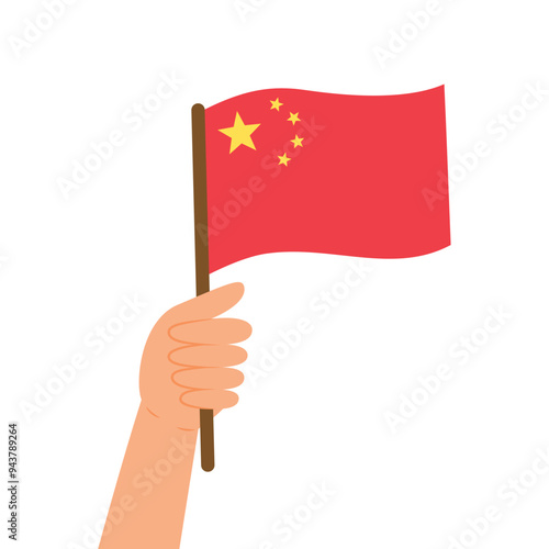 Hand holding a flag of China. Vector illustration of the Chinese flag in flat style isolated on white background.