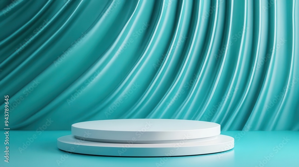 Abstract background with white podium and turquoise wavy surface for product presentation Abstract background with white podium and turquoise wavy surface for product presentation