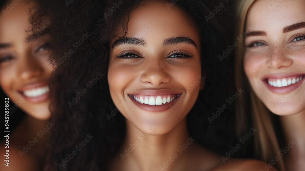 Diverse african american, caucasian and hispanic model looking women portrait in the office smiling at camera with toothy smile as diversity and inclusivity concept Diverse african american, caucasian and hispanic model looking women portrait in the office smiling at camera with toothy smile as diversity and inclusivity concept