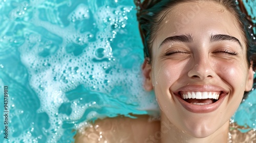 Female smiling with eyes closed, enjoying a relaxing swim in clear blue water on a sunny day, exuding joy and tranquility.