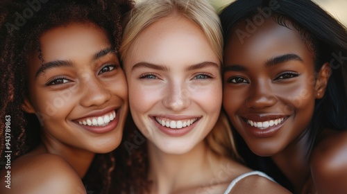 Diverse african american, caucasian and hispanic model looking women portrait in the office smiling at camera with toothy smile as diversity and inclusivity concept