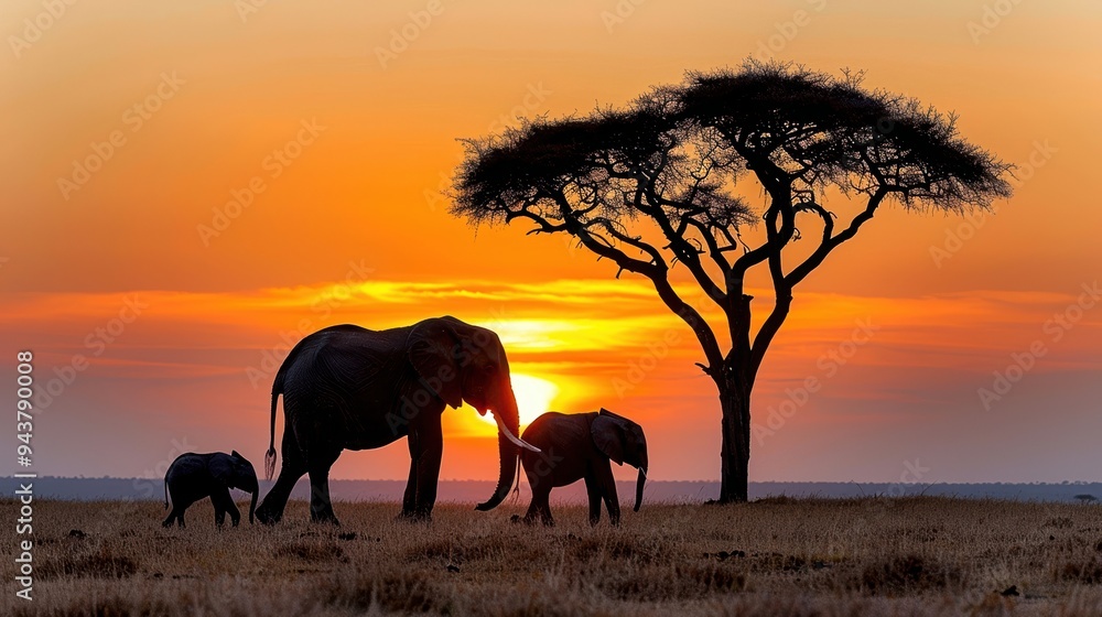 Obraz premium Serene African sunset with a family of elephants and an acacia tree in the savanna.