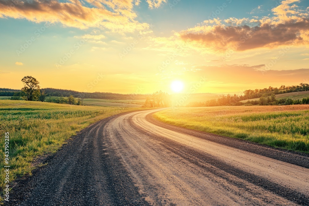 Naklejka premium A picturesque winding road through lush green fields at sunset with a vibrant sky, ideal for travel and nature photography.