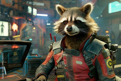 A raccoon wearing a mechanics uniform stands in front of a futuristic spacecraft, likely working on a repair