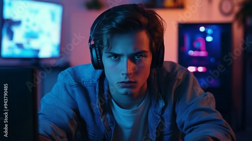 Wallpaper Mural Young man with intense gaze wearing headphones in dimly lit room with neon lights and screens, capturing the essence of modern digital lifestyle and gaming culture. Torontodigital.ca