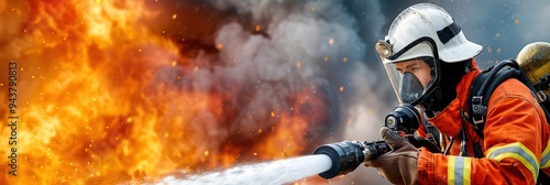Firefighter in action battling a fierce blaze with a hose, demonstrating bravery and courage in firefighting efforts.