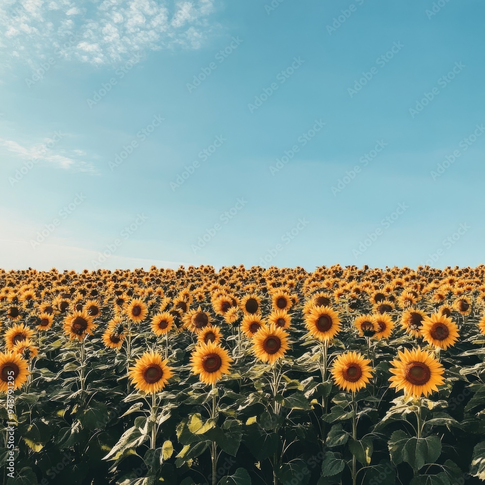 Obraz premium A vibrant field of sunflowers under a clear blue sky, showcasing nature's beauty and the warmth of summer.