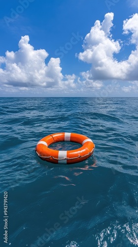 An orange life preserver drifts gently on the calm sea during a clear day, surrounded by a vast expanse of water and a bright blue sky filled with fluffy clouds.