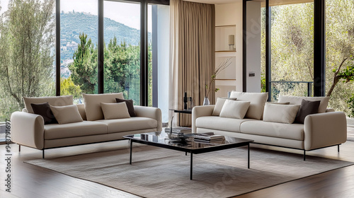 Beige fabric sofa and loveseat with black legs, glass coffee table, modern living room. photo