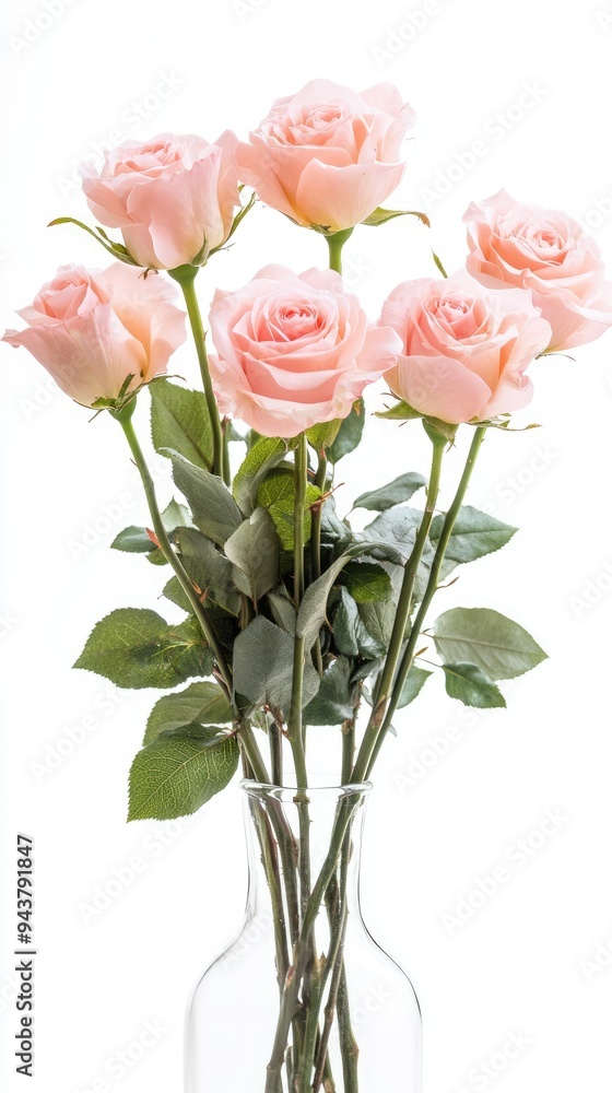 Fototapeta premium Beautiful bouquet of soft pink roses in a clear vase, perfect for decoration or gifts, radiating elegance and charm.