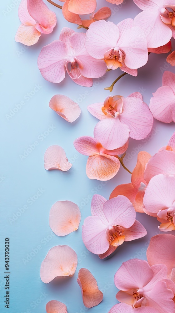 Soft pink orchid petals scattered on a serene blue background, perfect for nature, beauty, or floral-themed designs. Soft pink orchid petals scattered on a serene blue background, perfect for nature, beauty, or floral-themed designs.