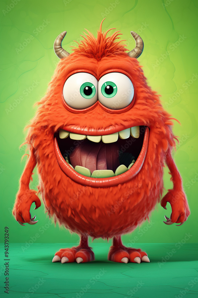A friendly, red, furry monster with big eyes, a wide smile, and horns smiles for the camera. A friendly, red, furry monster with big eyes, a wide smile, and horns smiles for the camera.