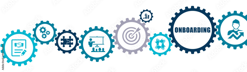 Onboarding banner vector illustration with the icons of new employee process, ability, work with new team, staff induction, practices, organizational socialization on white background. Onboarding banner vector illustration with the icons of new employee process, ability, work with new team, staff induction, practices, organizational socialization on white background.