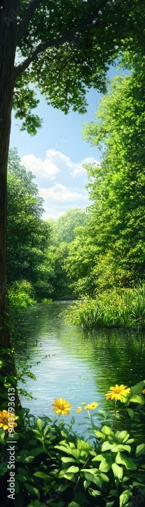 A serene landscape featuring a tranquil river, lush greenery, and vibrant flowers under a clear blue sky. A serene landscape featuring a tranquil river, lush greenery, and vibrant flowers under a clear blue sky.