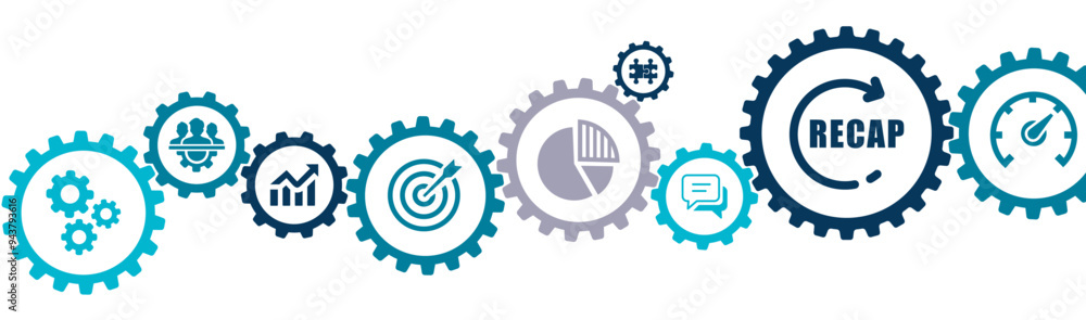 Recap business banner vector illustration with the icons of economic, marketing, budget, financial and meeting report, business overview, summary, planning , development on white background. Recap business banner vector illustration with the icons of economic, marketing, budget, financial and meeting report, business overview, summary, planning , development on white background.