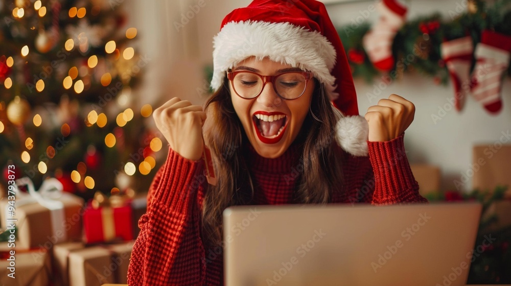 Excited woman in Santa hat and red sweater celebrates joyfully in front of laptop, surrounded by Christmas decorations and gifts in cozy festive setting. Excited woman in Santa hat and red sweater celebrates joyfully in front of laptop, surrounded by Christmas decorations and gifts in cozy festive setting.