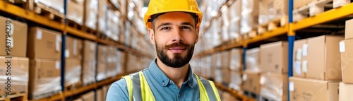 Warehouse worker in safety vest and helmet standing among boxes, smiling confidently in industrial storage facility aisle.