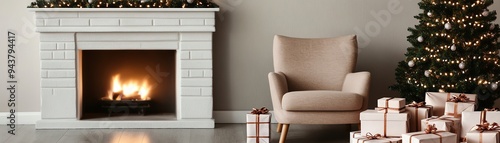 Cozy living room with festive decor, featuring a Christmas tree, fireplace, and presents, perfect for holiday ambiance.