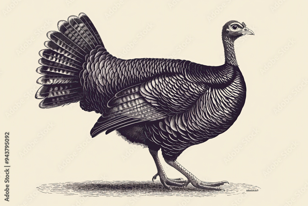 Obraz premium Turkey, sketch. Vintage retro print, turkey sketch ink pencil style drawing, linear drawing for Thanksgiving Day, engrave old school. Sketch artwork silhouette turkey. Side view profile. Illustration