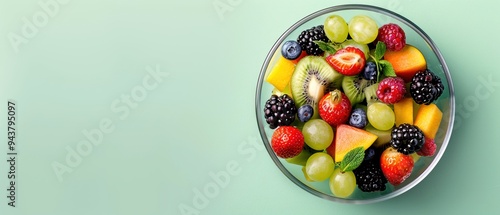 A vibrant bowl of assorted fresh fruits including berries, grapes, kiwi, and melon, displayed on a soft green background.